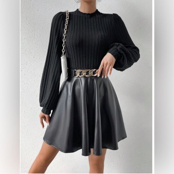 None Dresses & Skirts - Black Vegan Mock Neck Lantern Sleeve  Dress Without Belt